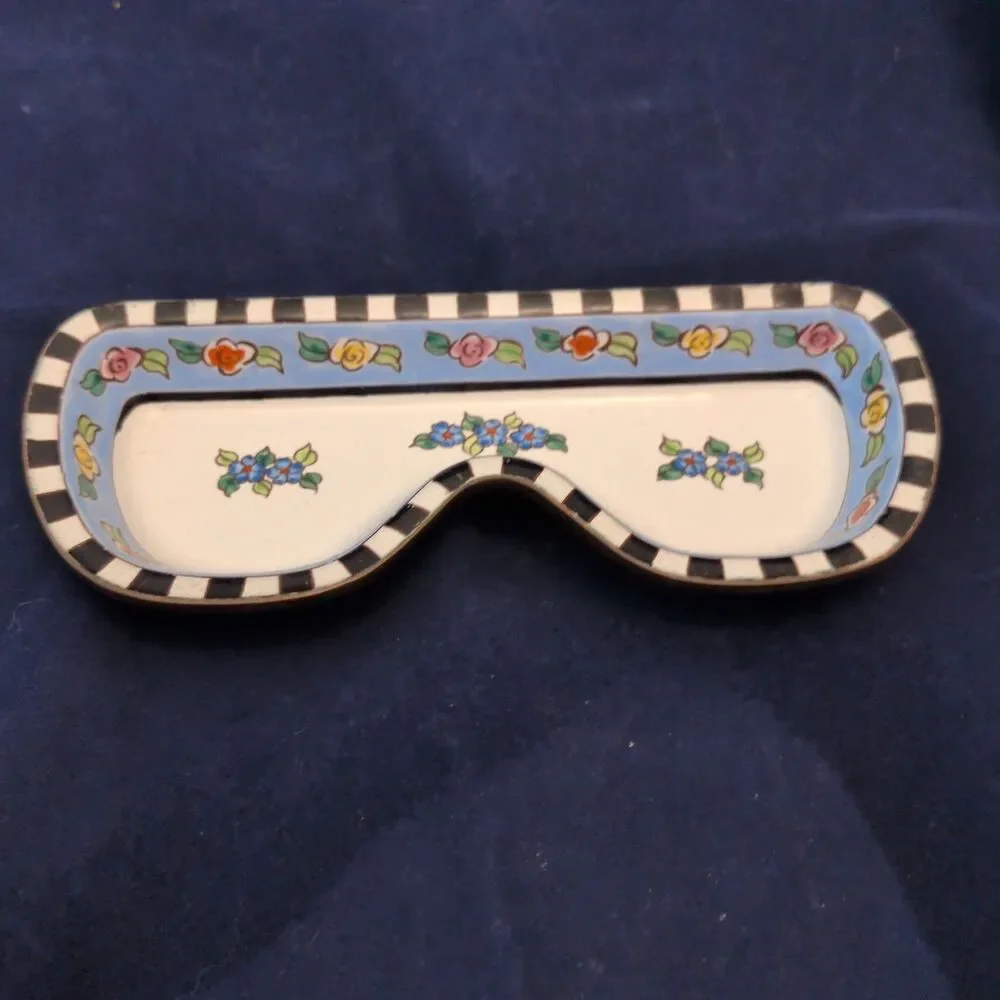 Kelvin Chen 2000 Enamel Copper Eyeglass Tray Dish Holder Checkered/ Blue Floral